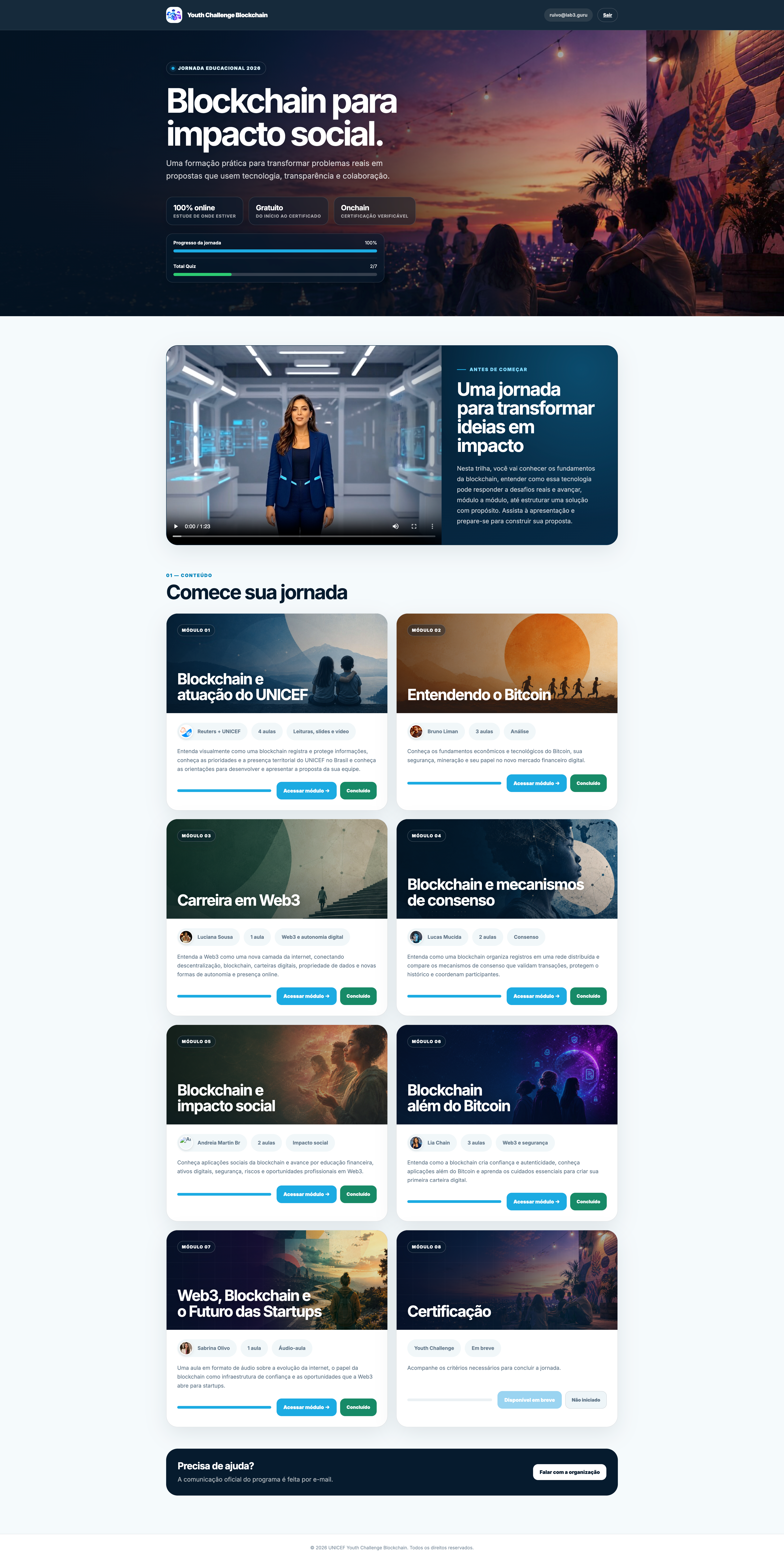 Página de cursos da plataforma UNICEF Youth Challenge Blockchain